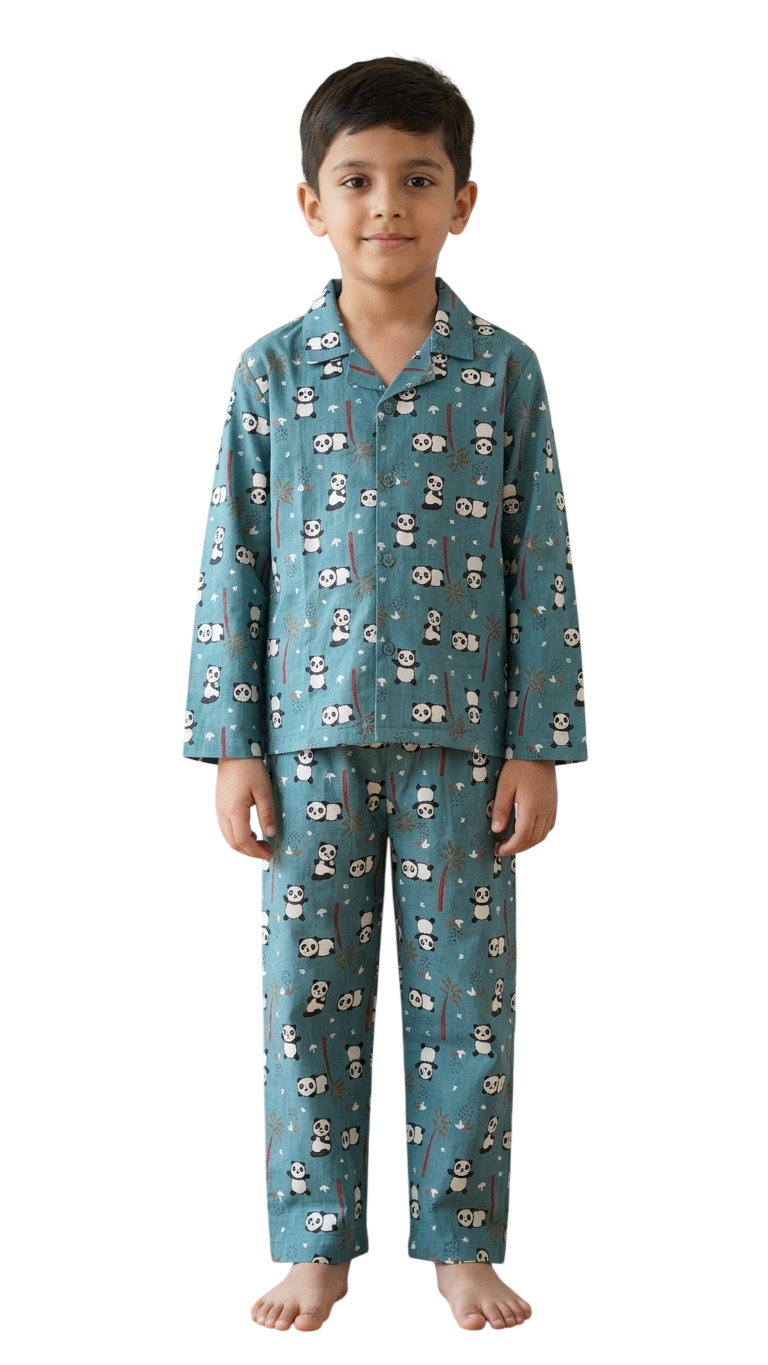 Kids Boys Blue Panda Printed Satin Night Suit