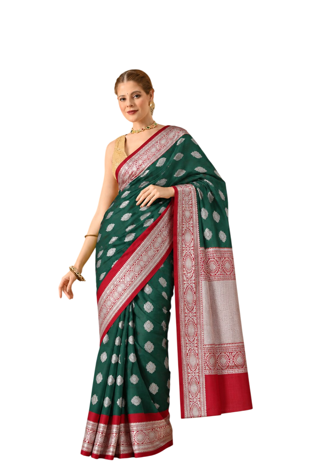 Green & Crimson Red Banarasi-Style Woven Art Silk Saree
