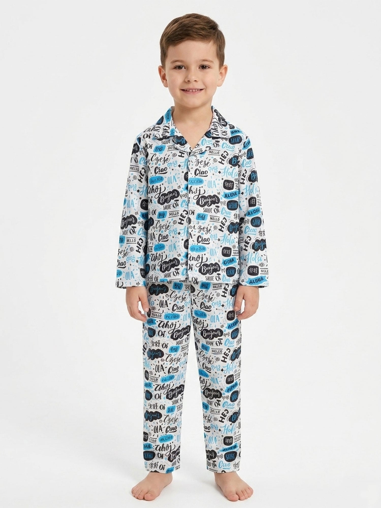 Kids' Satin "Hello" Multilingual Print Night Suit