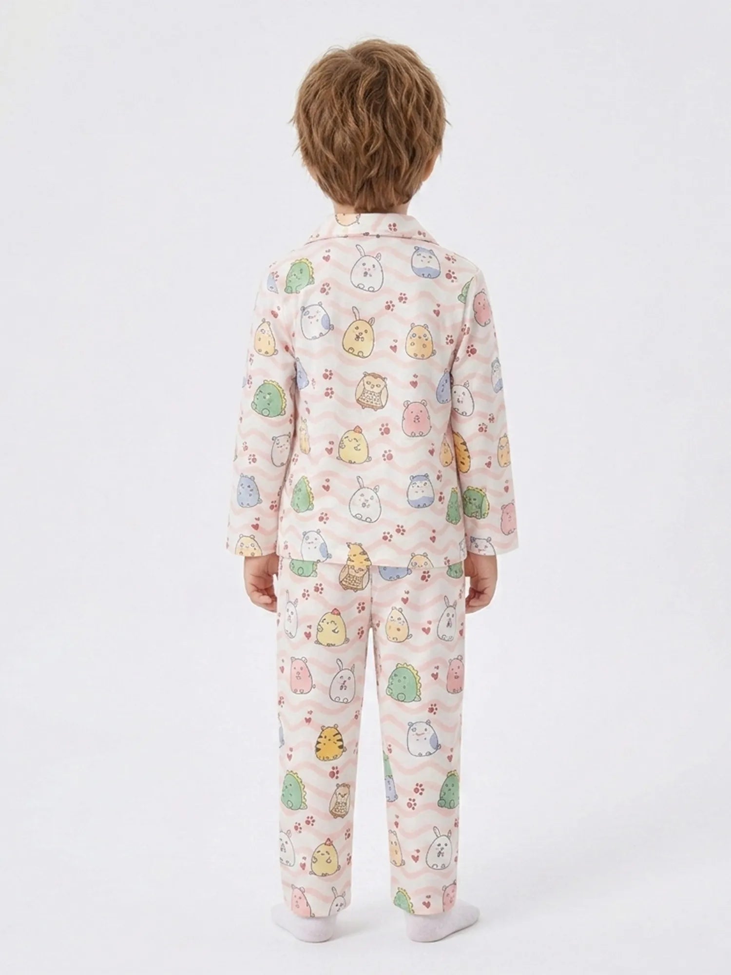 Boys' Whimsical Animal & Wave Print Premium Satin Night Suit – Full Sleeve Shirt & Pajama Set