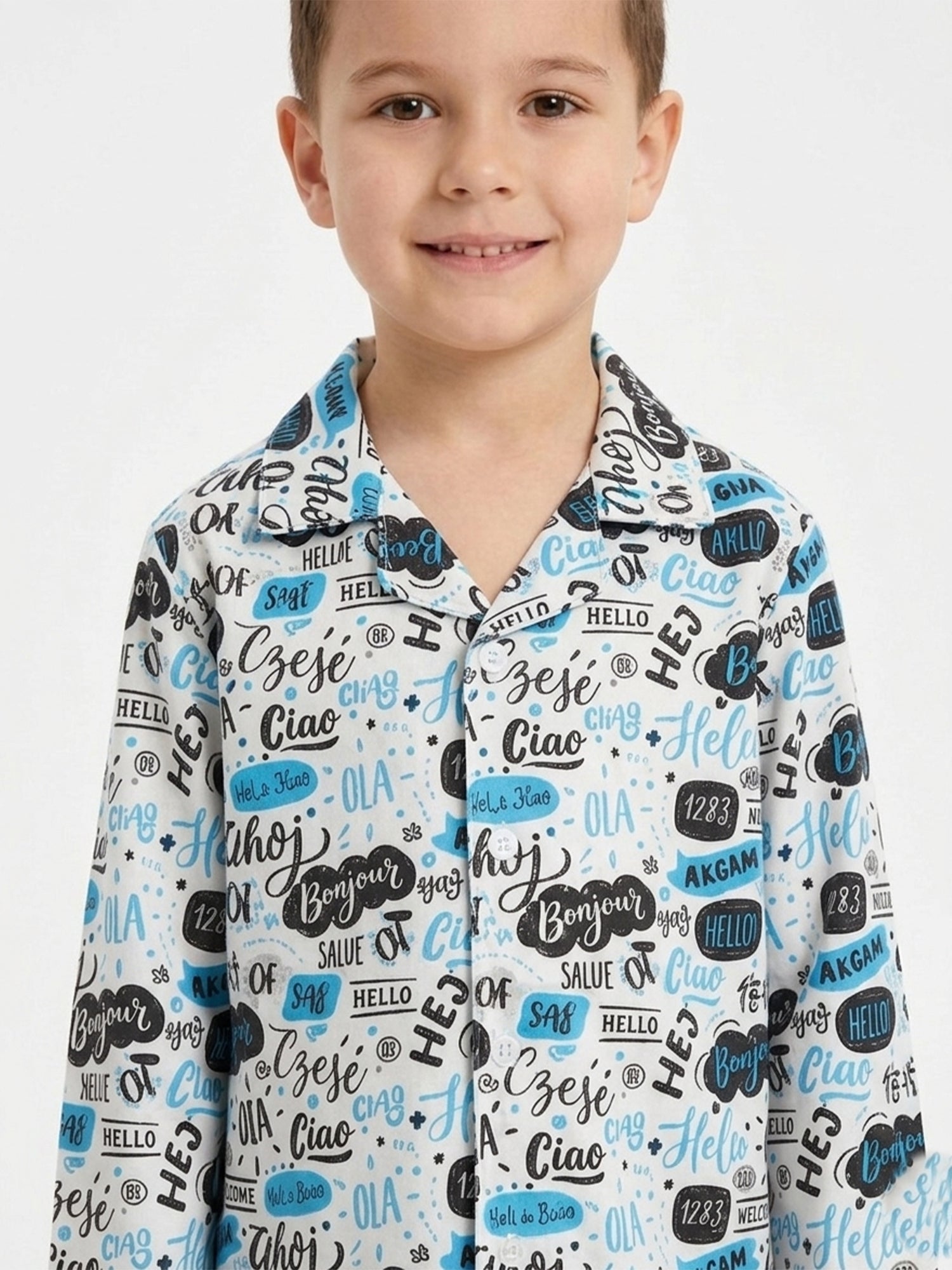 Kids' Satin "Hello" Multilingual Print Night Suit