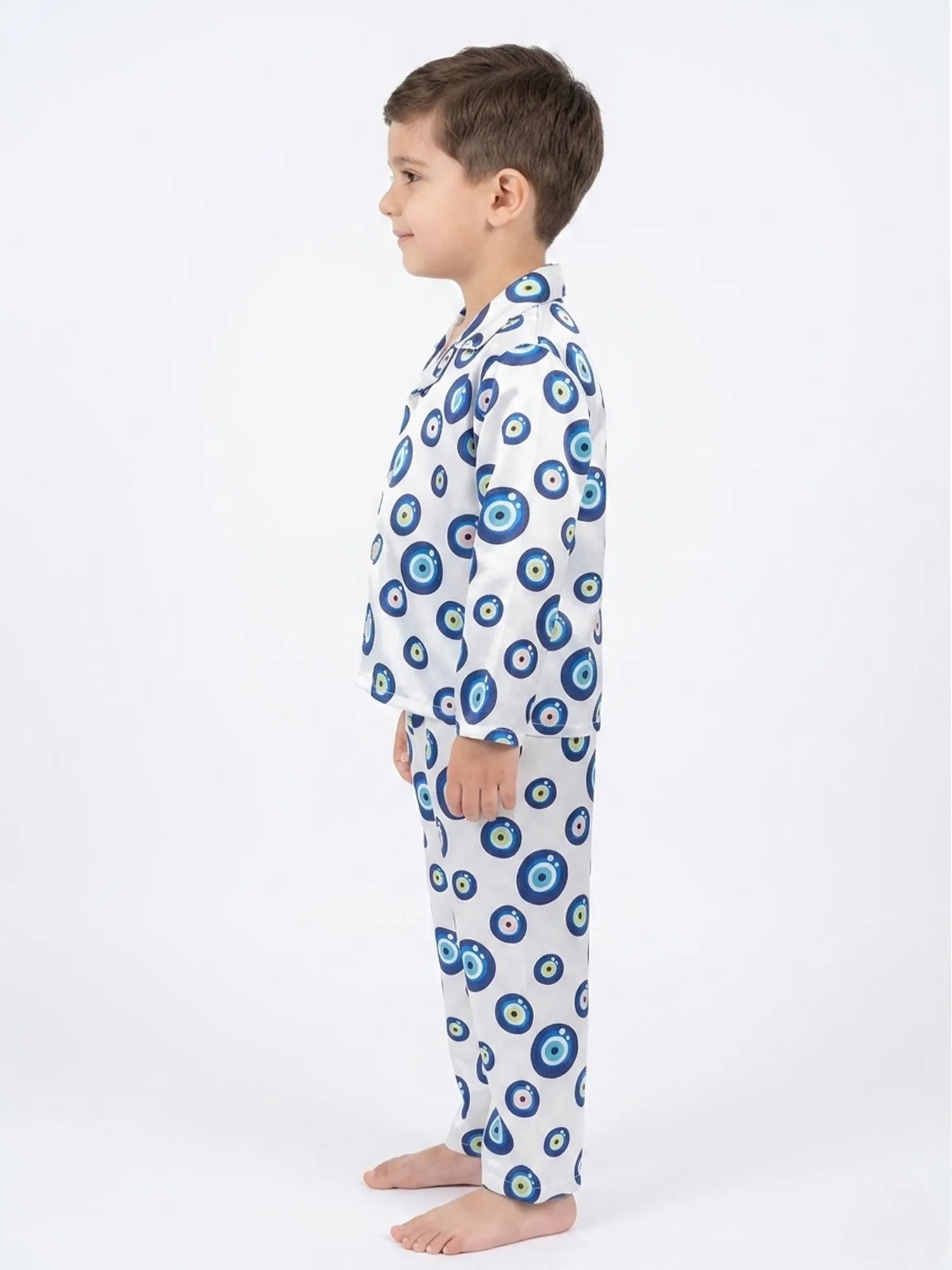 Boys' Evil Eye Printed Premium Satin Night Suit – Full Sleeve Shirt & Pajama Se
