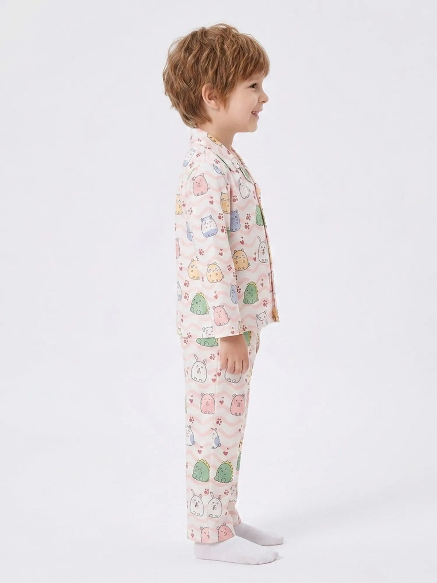 Boys' Whimsical Animal & Wave Print Premium Satin Night Suit – Full Sleeve Shirt & Pajama Set