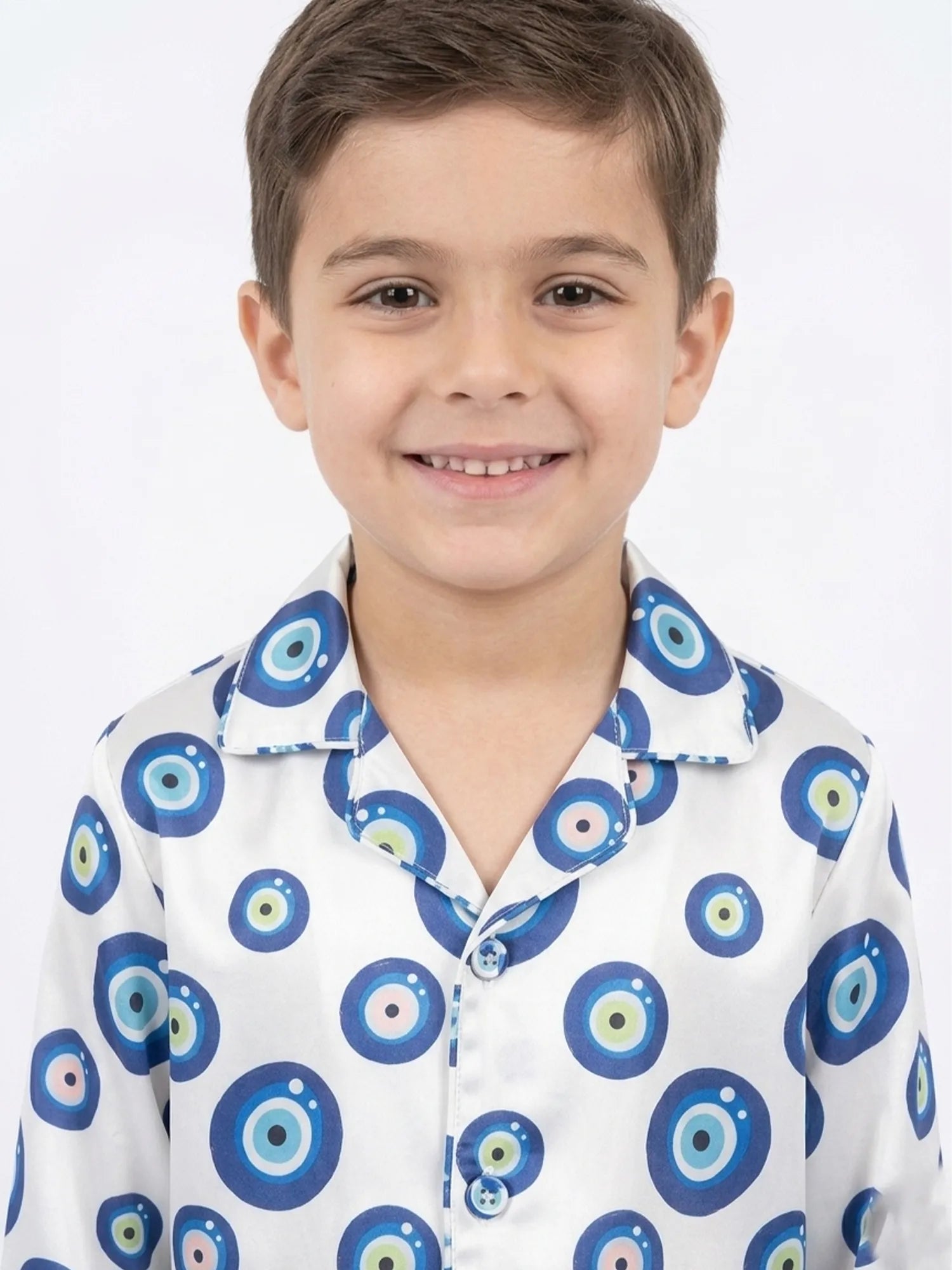 Boys' Evil Eye Printed Premium Satin Night Suit – Full Sleeve Shirt & Pajama Se