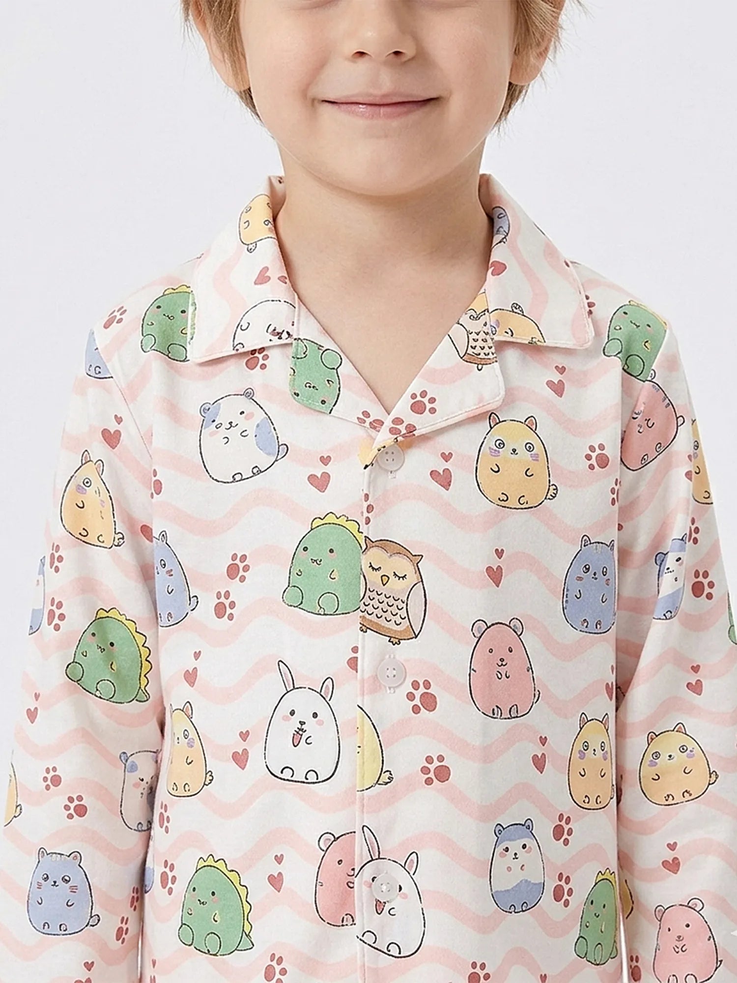 Boys' Whimsical Animal & Wave Print Premium Satin Night Suit – Full Sleeve Shirt & Pajama Set