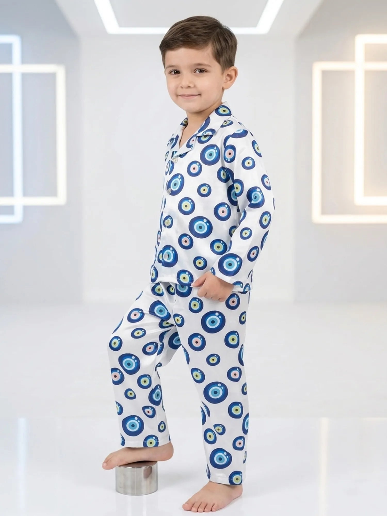 Boys' Evil Eye Printed Premium Satin Night Suit – Full Sleeve Shirt & Pajama Se