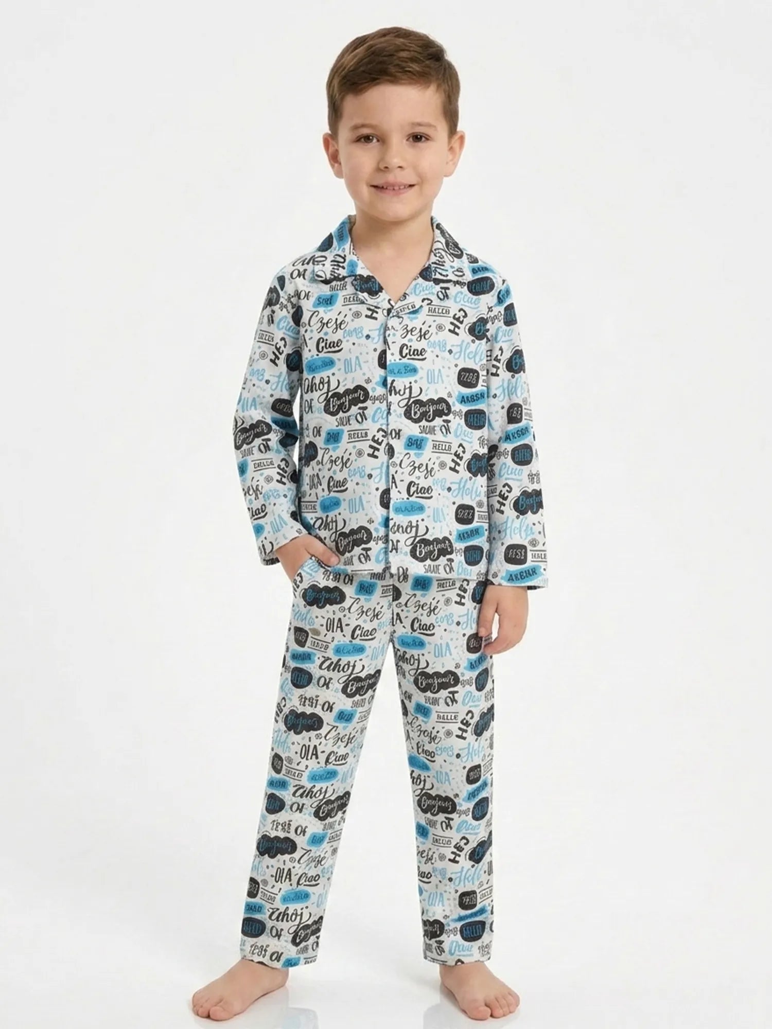 Kids' Satin "Hello" Multilingual Print Night Suit