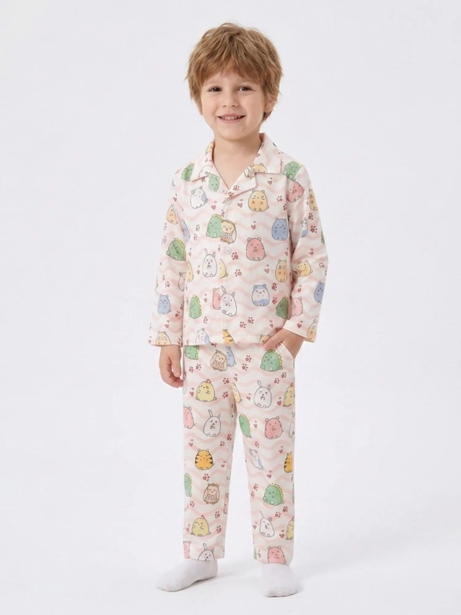 Boys' Whimsical Animal & Wave Print Premium Satin Night Suit – Full Sleeve Shirt & Pajama Set