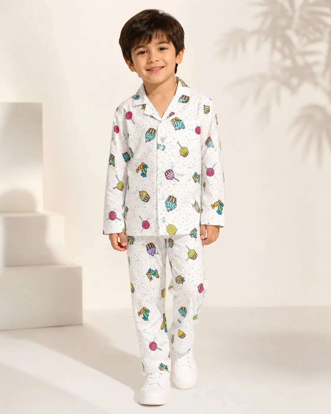 Kids White & Multi-Coloured Printed Satin Night Suit