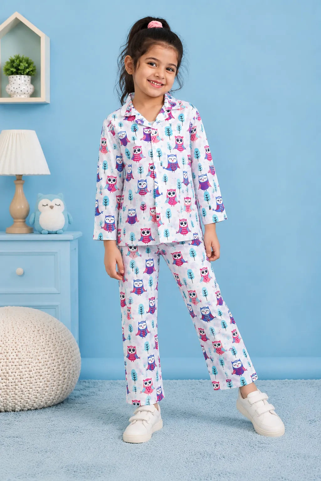 Kids' White & Purple Owl Print Pure Cotton Girls Night Suit