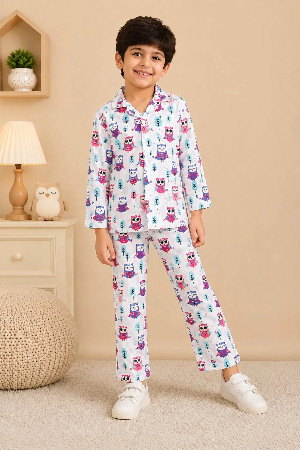 Kids' White & Purple Owl Print Pure Cotton Night Suit