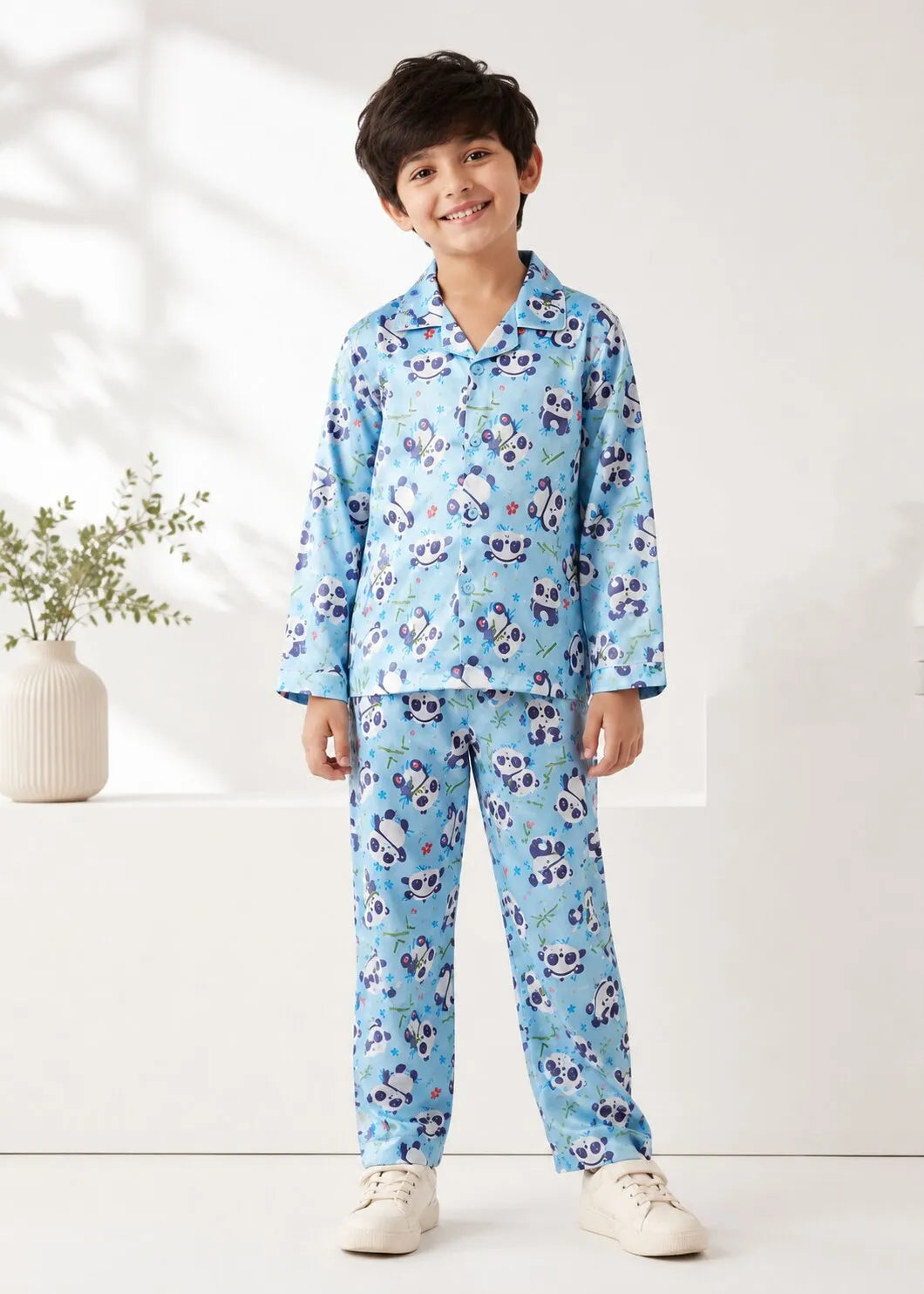 Boys Sky Blue Panda Graphic Printed Satin Night Suit