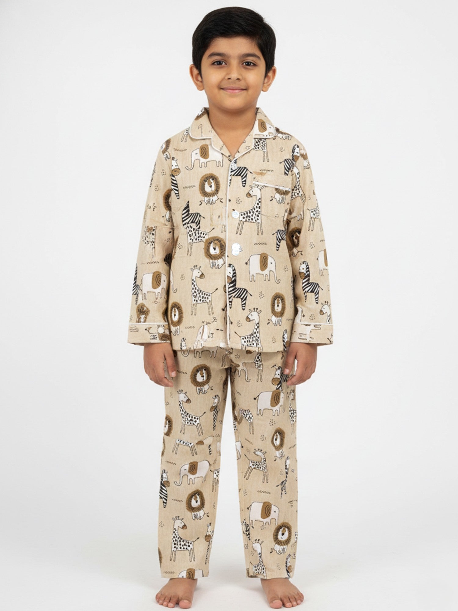 Kids Boys Full Sleeve Collared Pure Cotton Night Suit