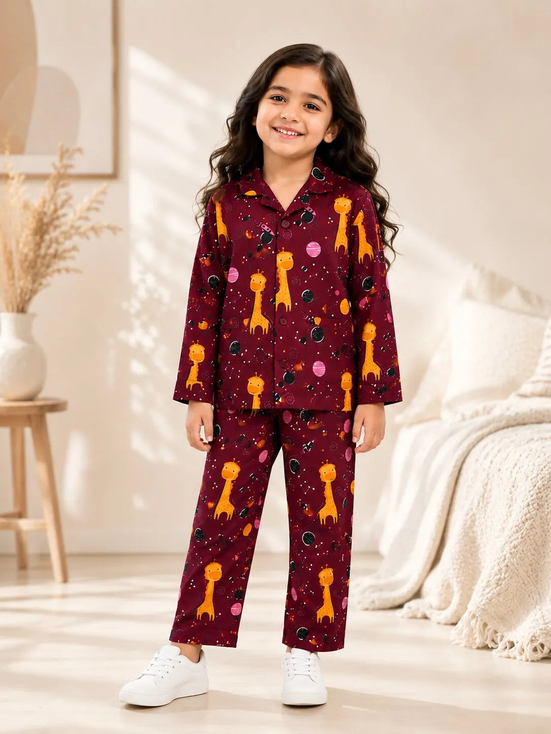 Kids Girls  Maroon & Yellow Printed Pure Cotton Night Suit