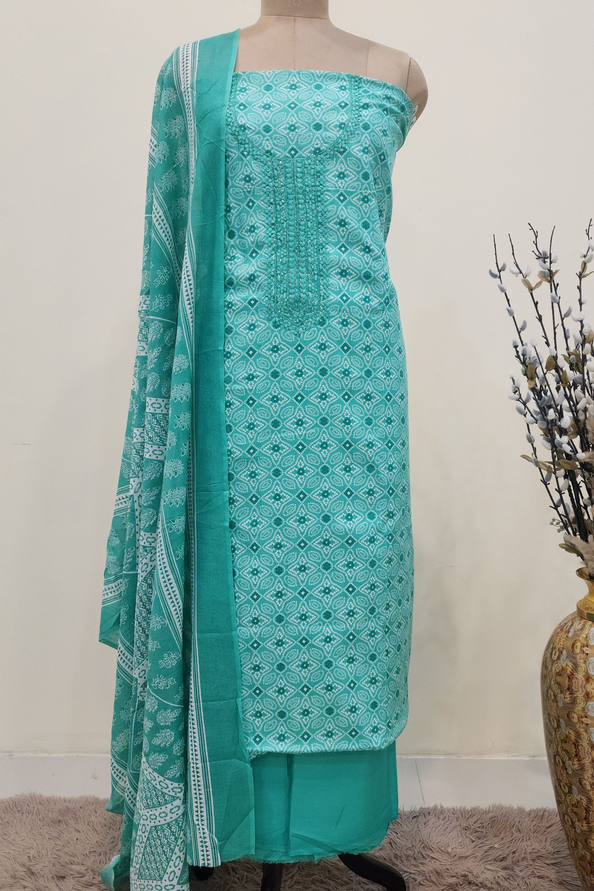 Women's Sea Green Bandhani Printed Cotton Unstitched Suit Set