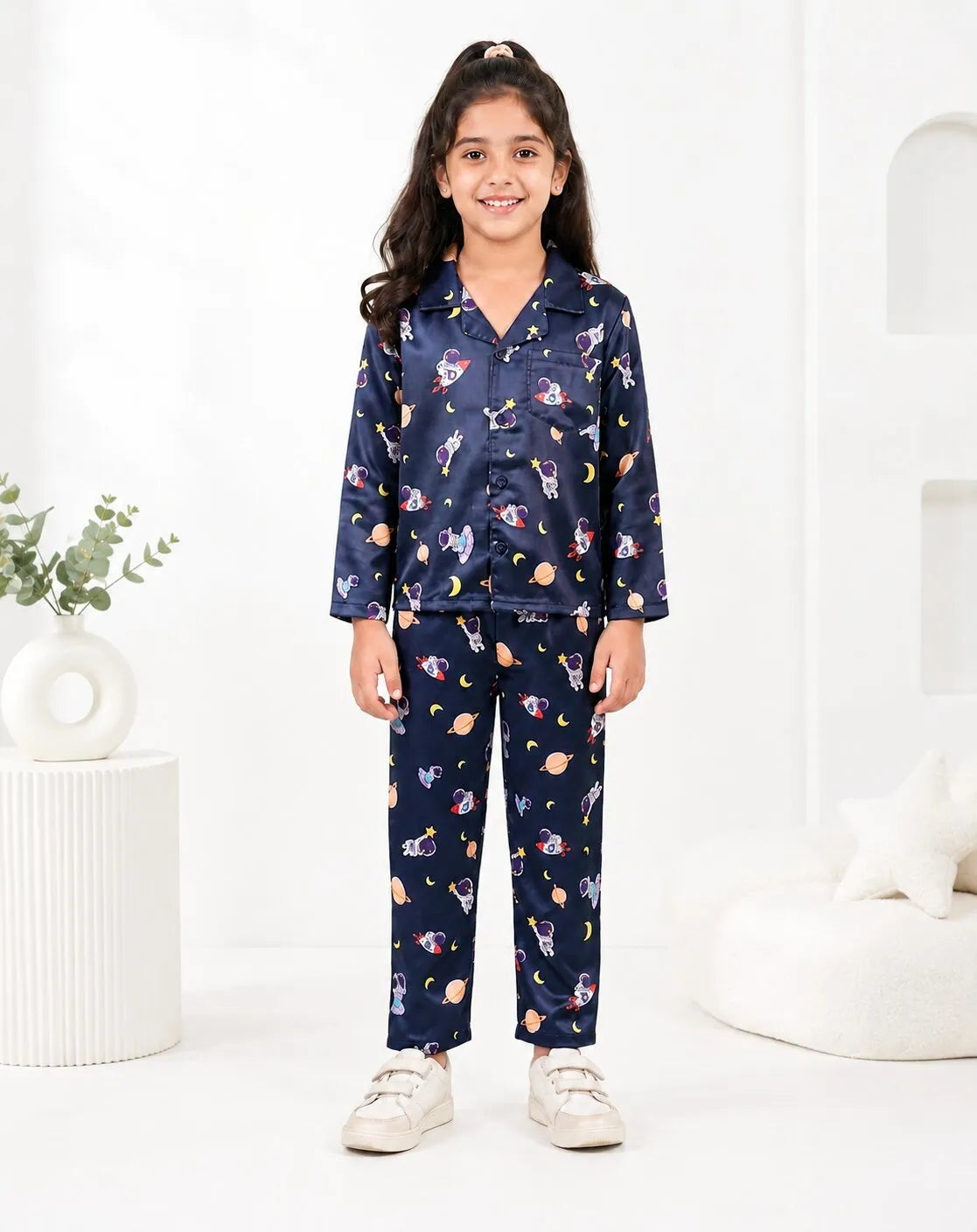Girls  Navy Blue & Multi Satin Space Print Nightsuit Set