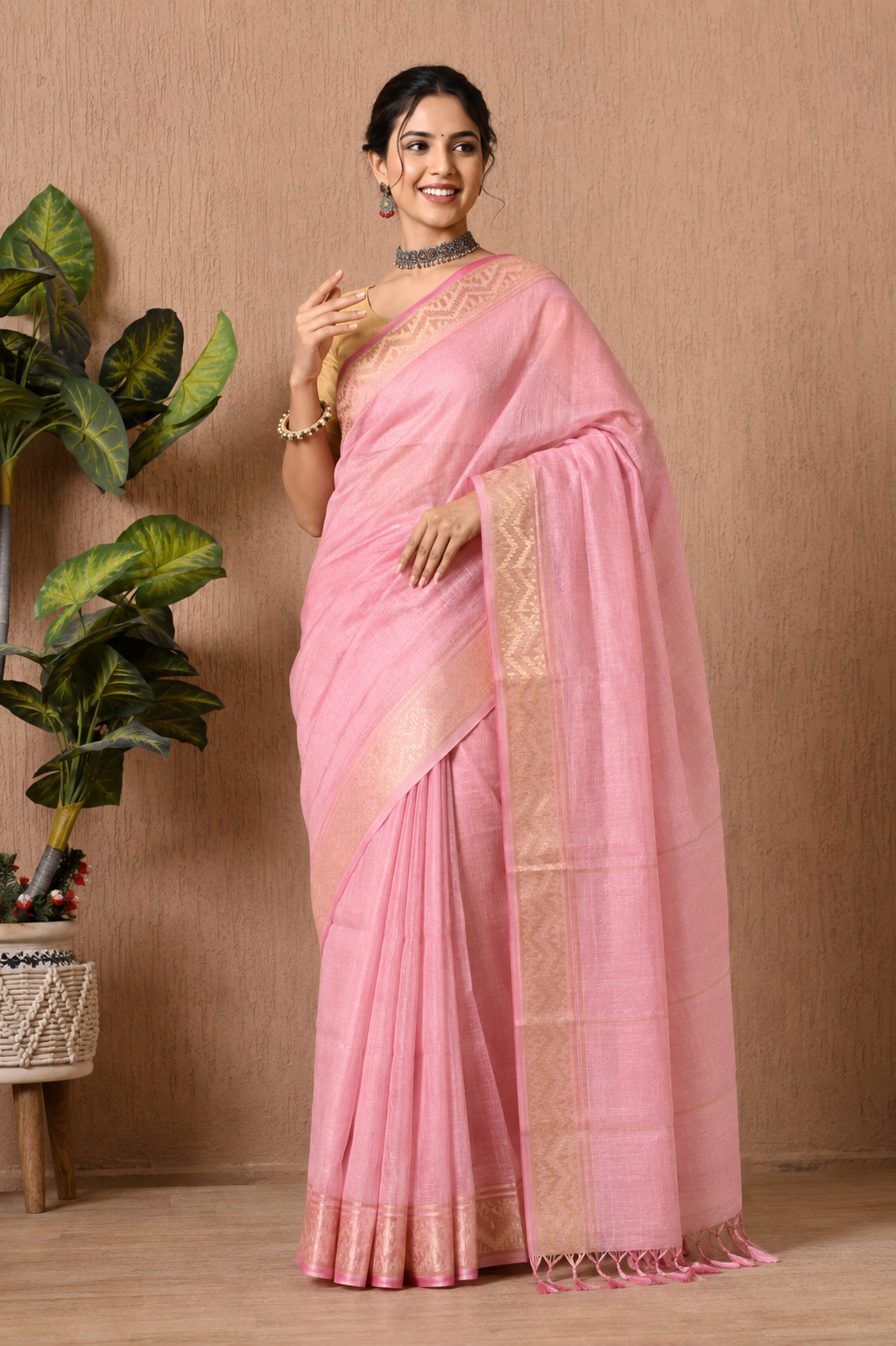 Women Pink Art Silk Saree with Golden Woven Border