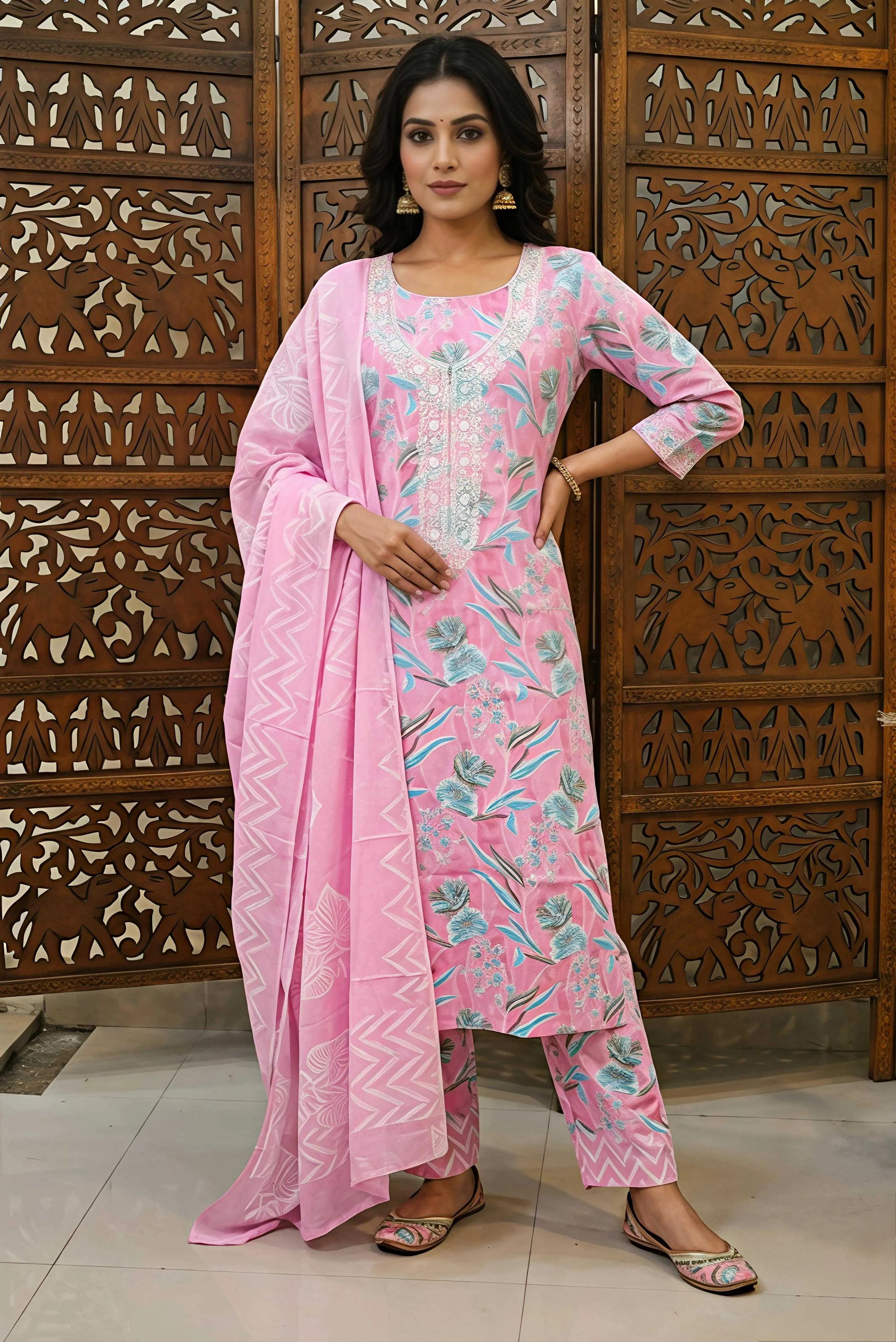 Women Pink & Blue Floral Printed Pure Cotton Unstitched Dress Material with Embroidered Neckline