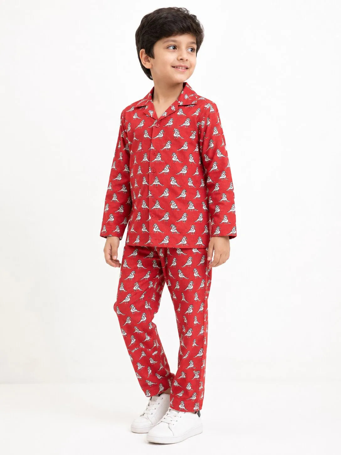 Boys Red & White Bird Print Cotton Night Suit