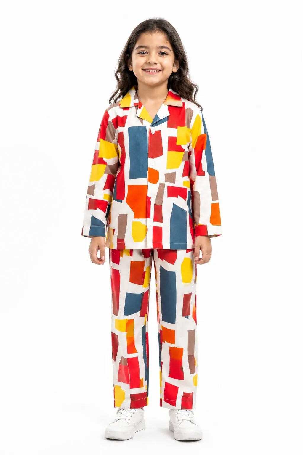 Girls Multi-Colored Abstract Geometric Print Pure Cotton Night Suit