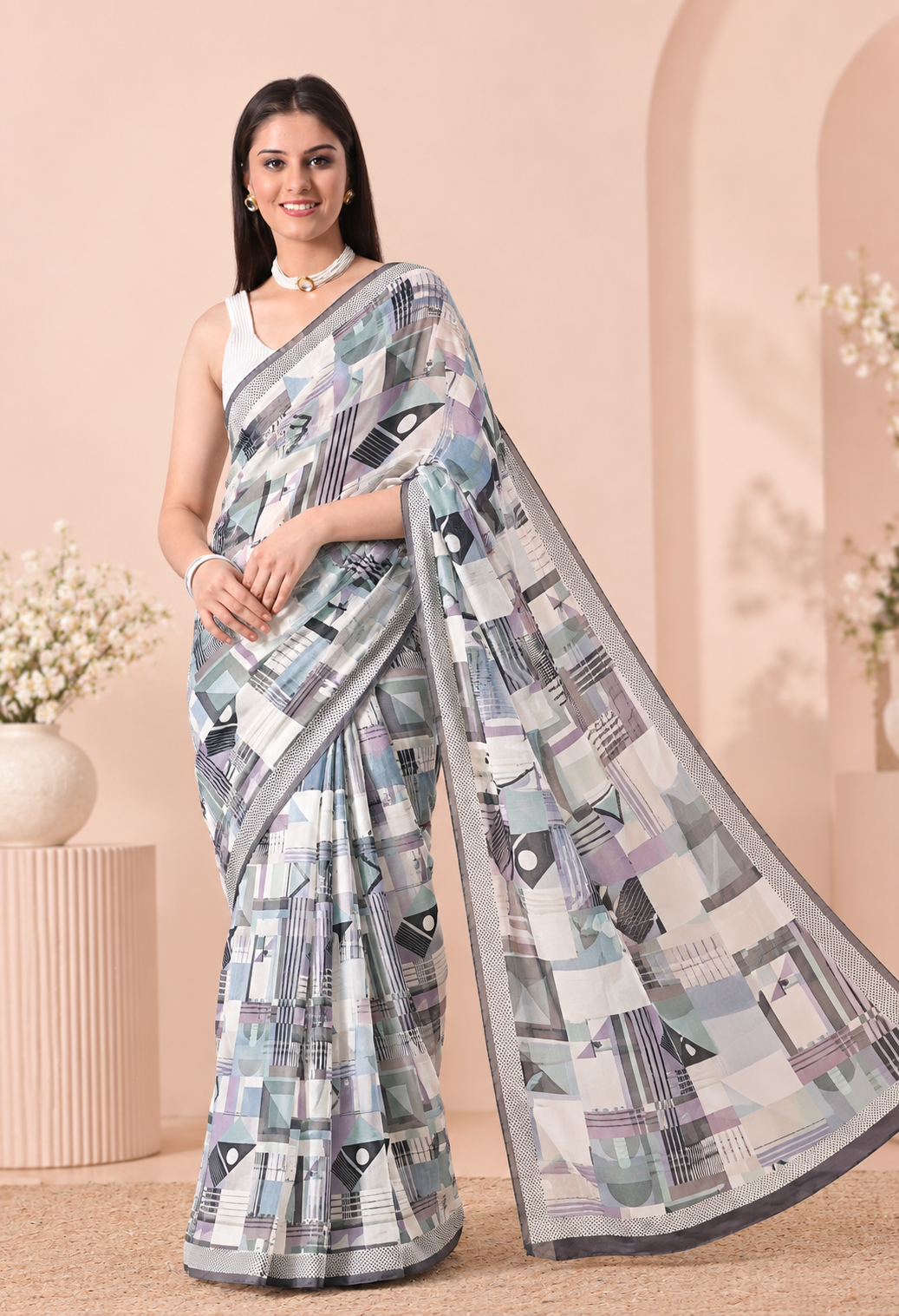 Elegant Multicolour Geometric Printed Saree with Contemporary Pallu