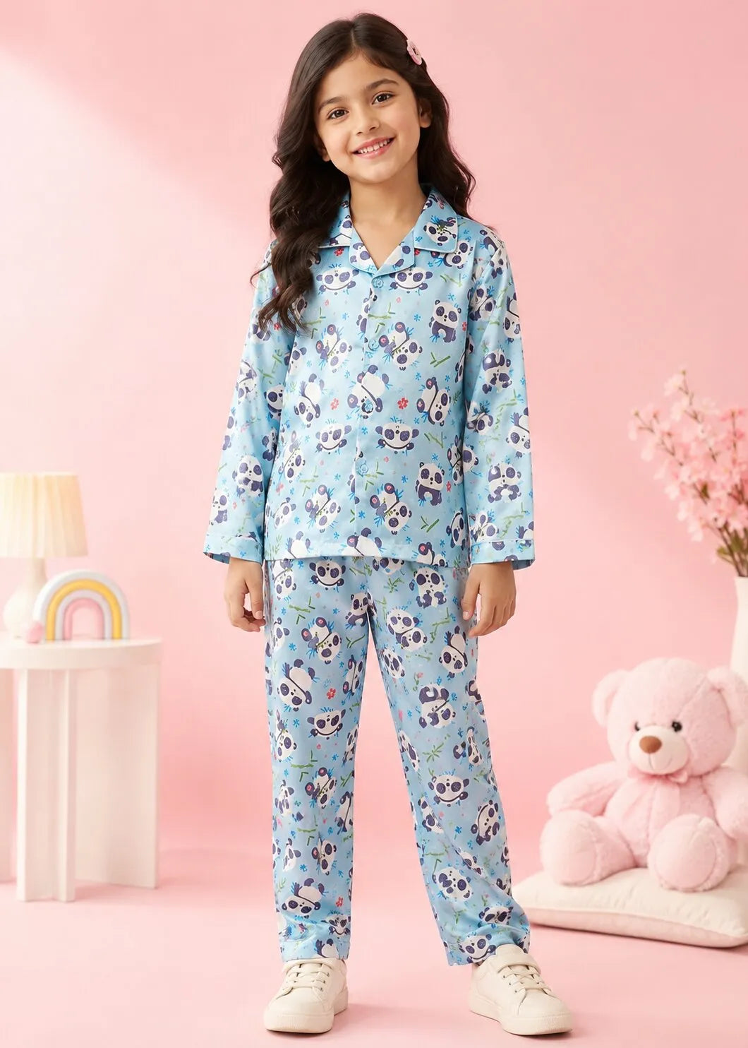 Girls Sky Blue & Purple Panda Printed Satin Nightsuit Set