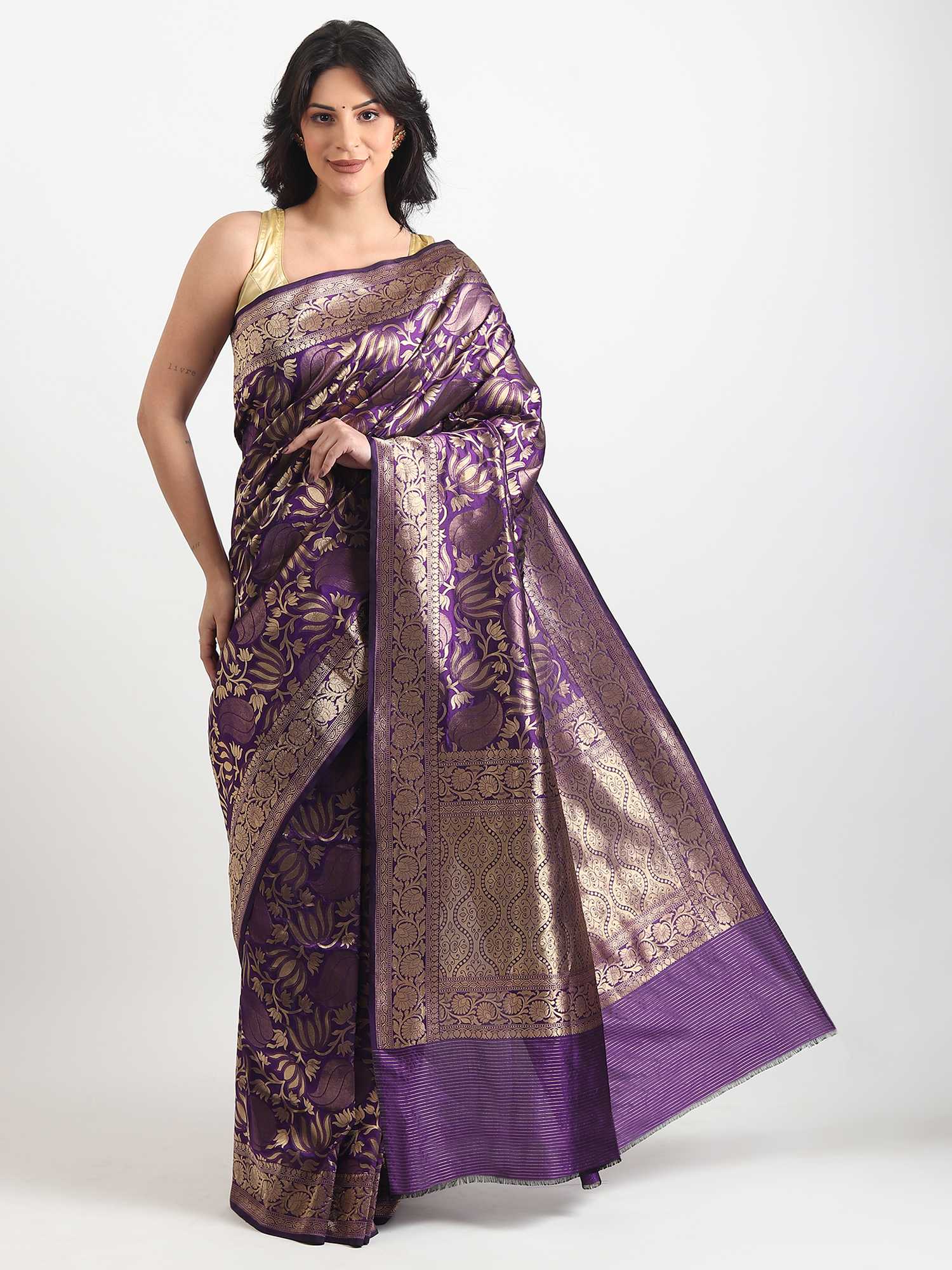 Purple Pure Katan Silk Banarasi Handloom Saree with Gold Zari Work