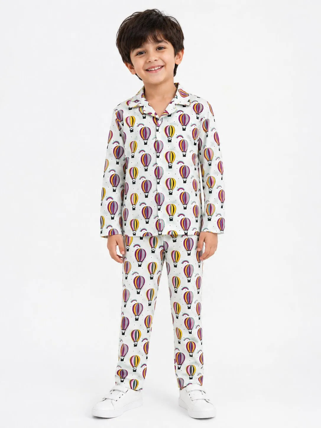 Kids Boys Full Sleeve Collared Pure Cotton Night Suit