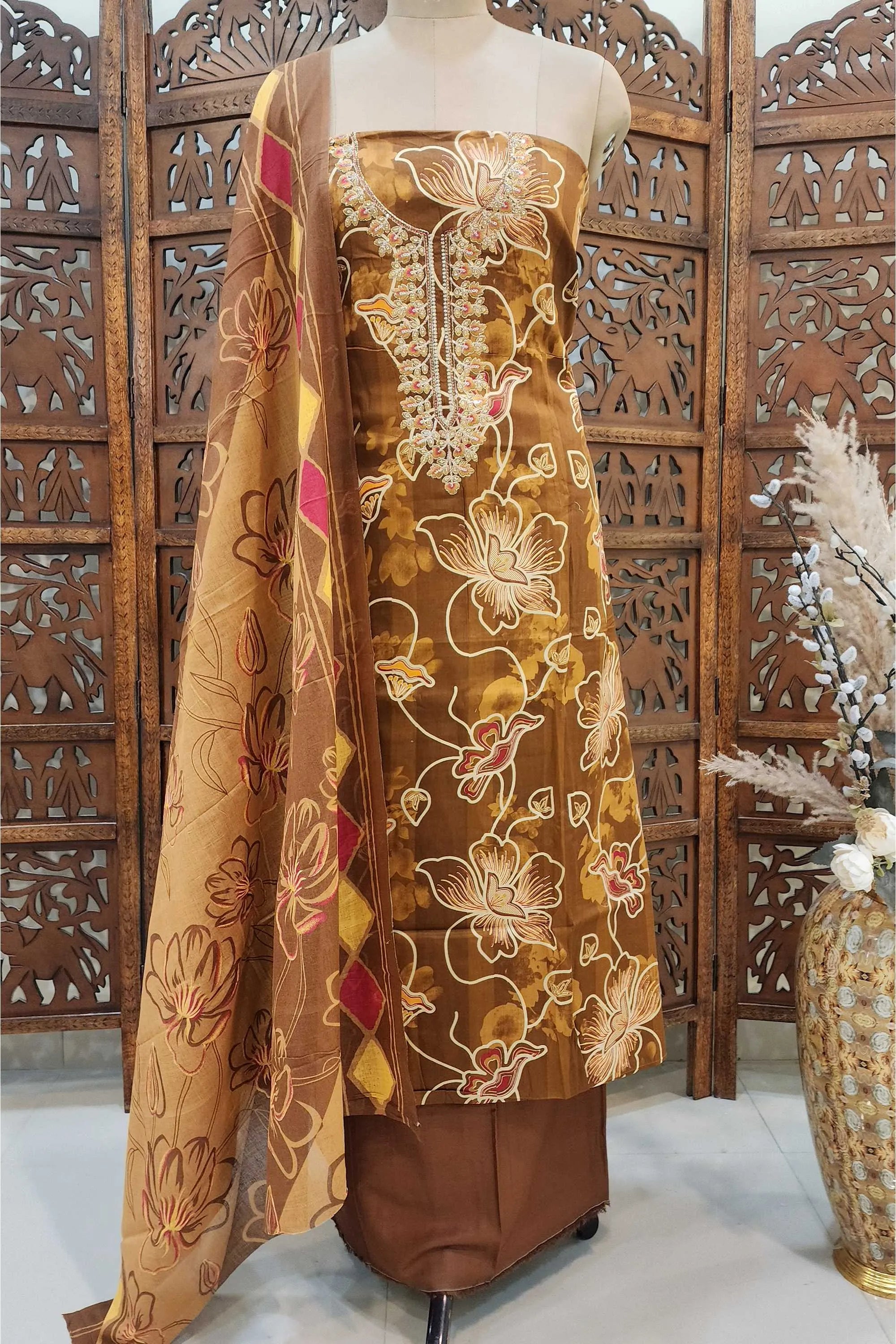 Women Brown & Mustard Floral Printed Unstitched Cotton Dress Material with Embellished Neckline