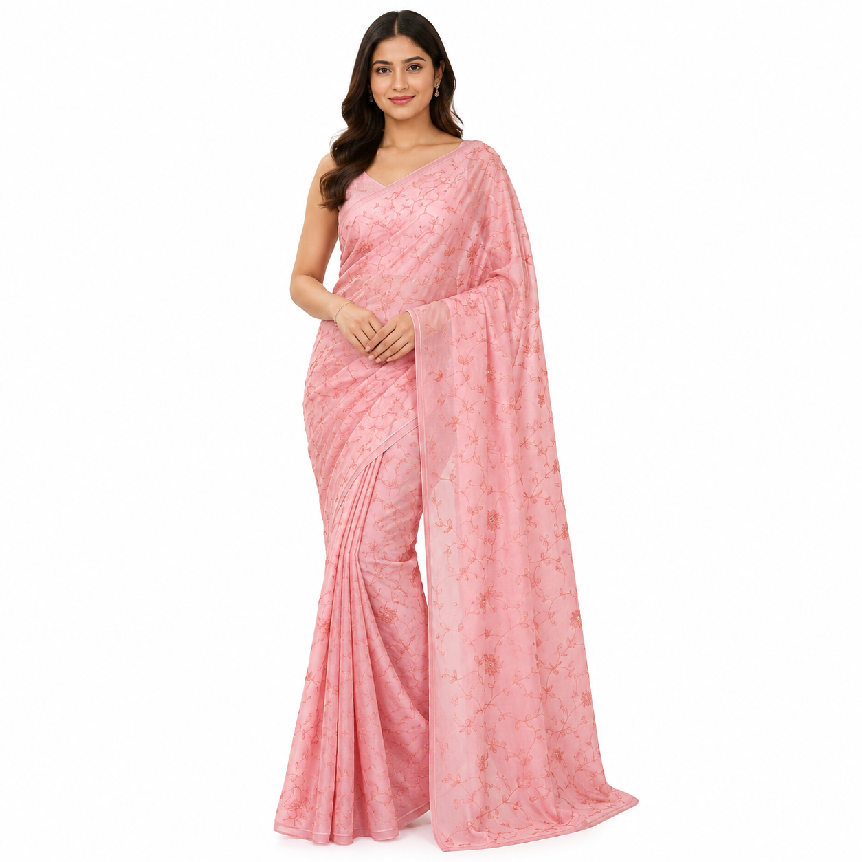 Pink Pure Chinon Chiffon Saree with Hand-Embroidery Work