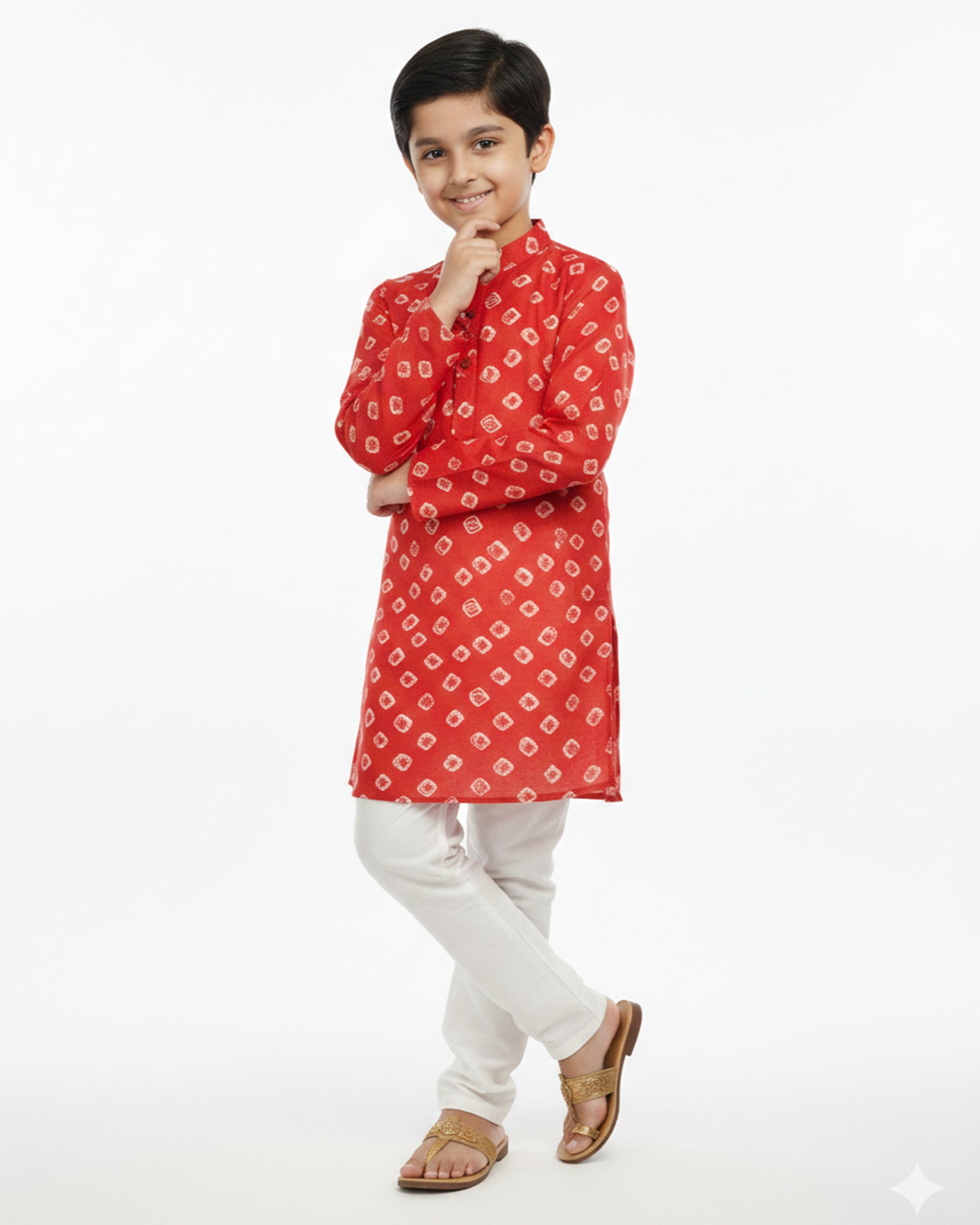 Boys Red & White Bandhani Printed Pure Cotton Kurta with Pyjamas