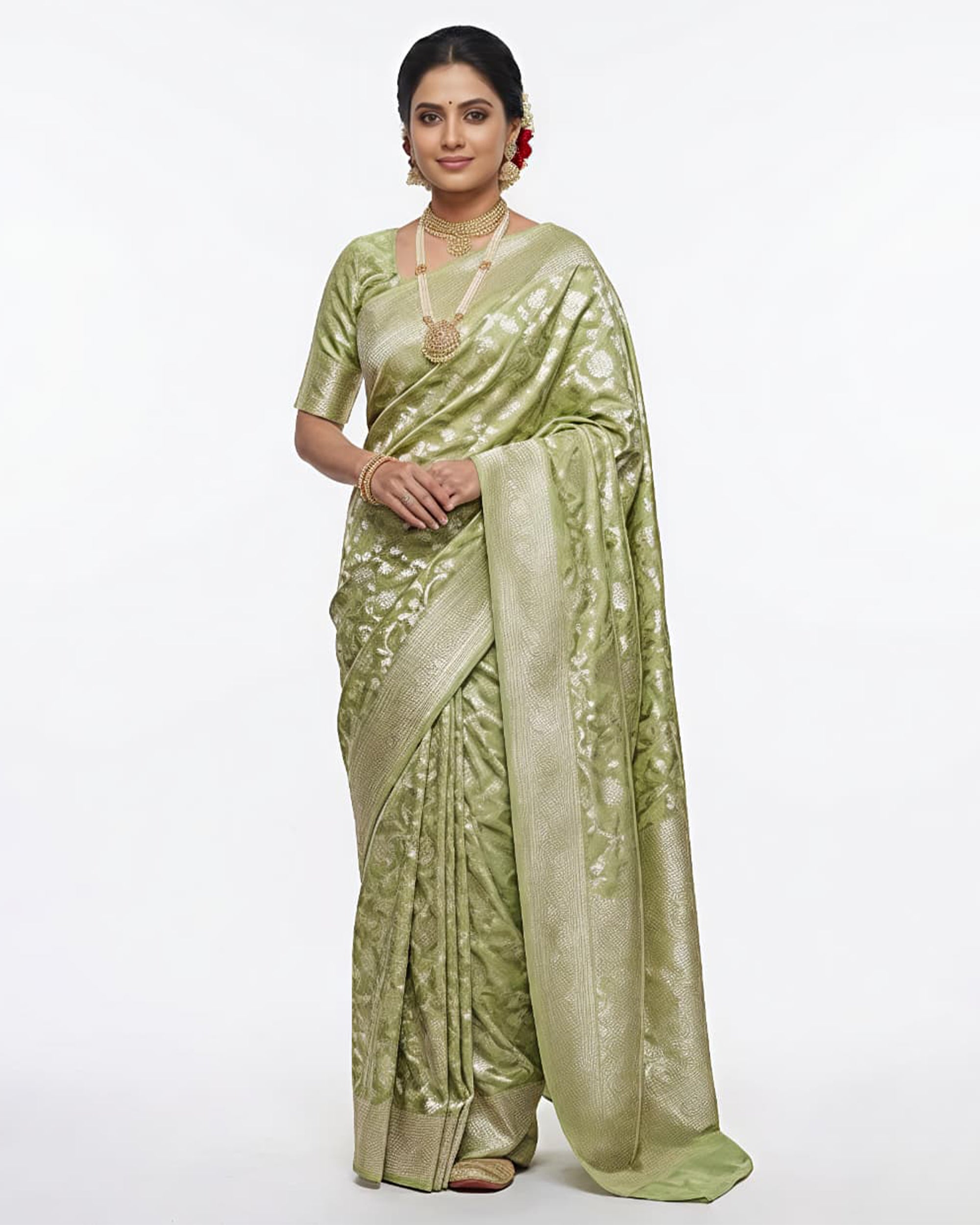 Pistachio Green & Silver-Toned Silk Blend Banarasi Saree