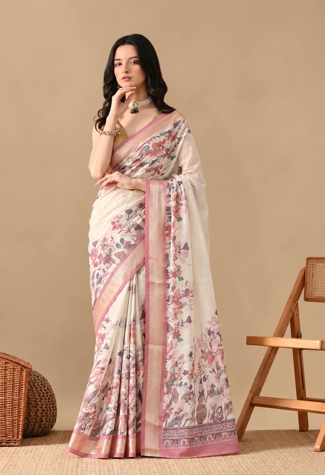 Elegant Ivory Floral Printed Saree with Blush Pink Border