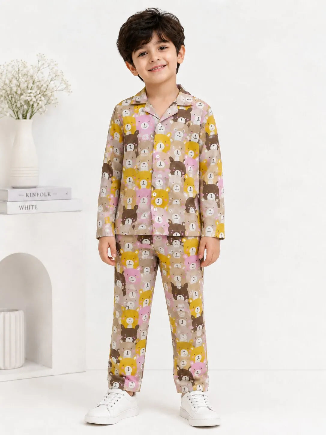 Kids Boys Full Sleeve Collared Pure Cotton Night Suit