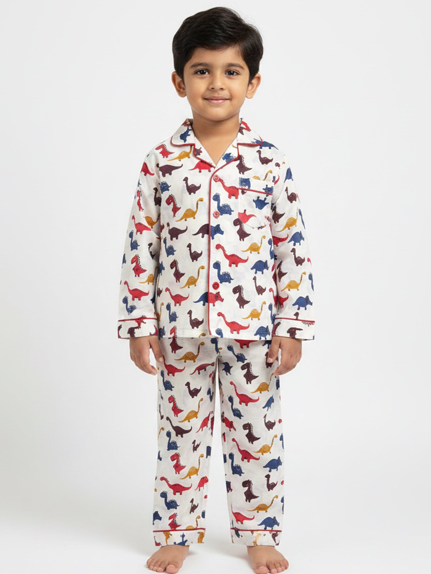 Kids Boys Full Sleeve Collared Pure Cotton Night Suit | Printed Pajama Set | Sleepwear for Kids Boys