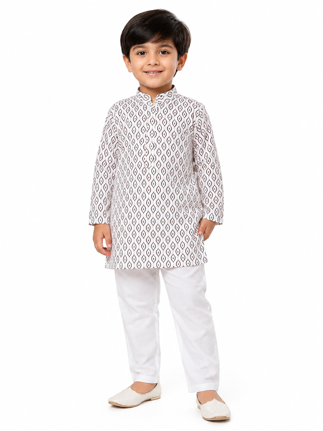 Boys Off-White Geometric Leaf Print Cotton Kurta with Pyjama Set