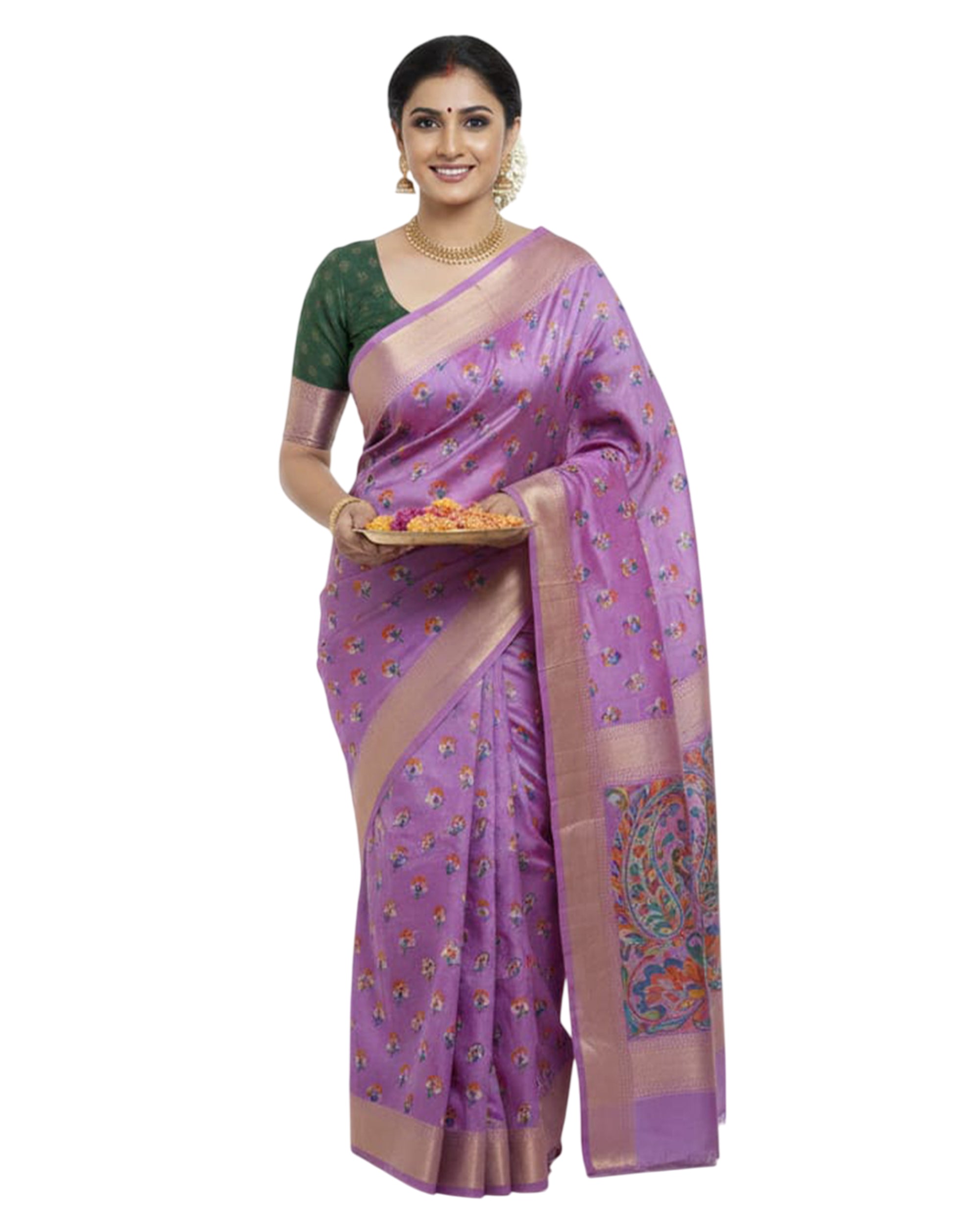 Women Lavender & Rose Gold-Toned Silk Blend Floral Printed Kanjeevaram Saree with Zari Border