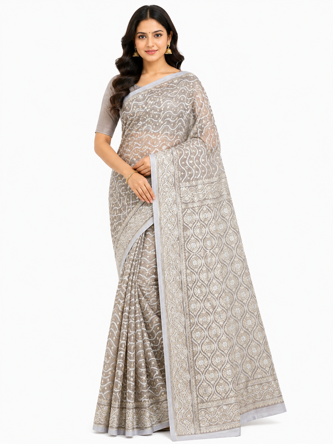Grey & Gold-Toned Woven Design Banarasi Silk Saree with Unstitched Blouse Piece