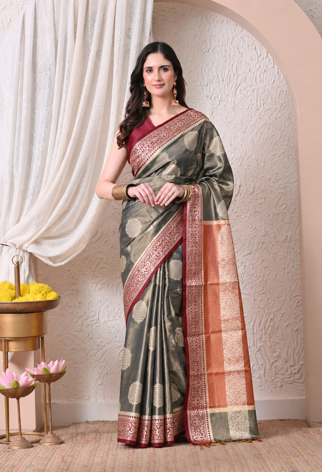 Grey & Maroon Woven Silk Blend Saree with Zari Motifs