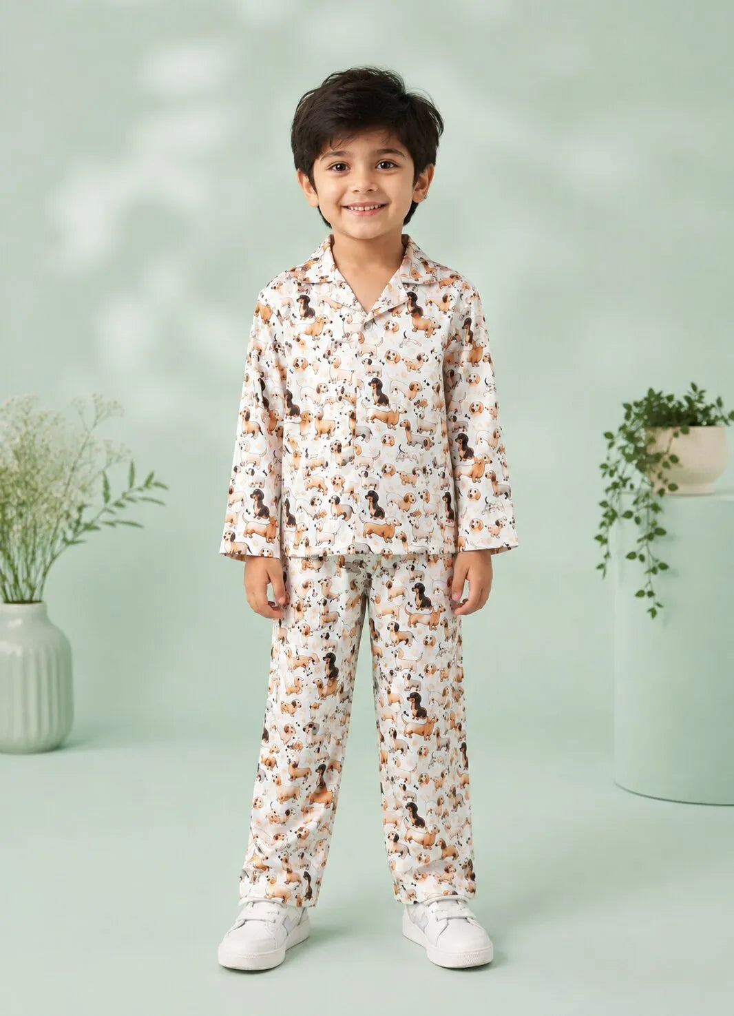 Kids' Satin Dog Print Night Suit Set – Cream