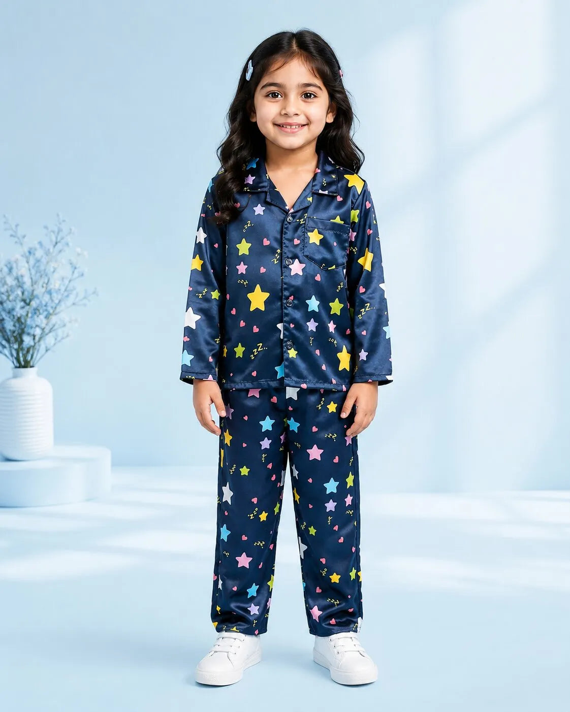 Girls Navy Blue & Multi-Colored Star Print Satin Night Suit