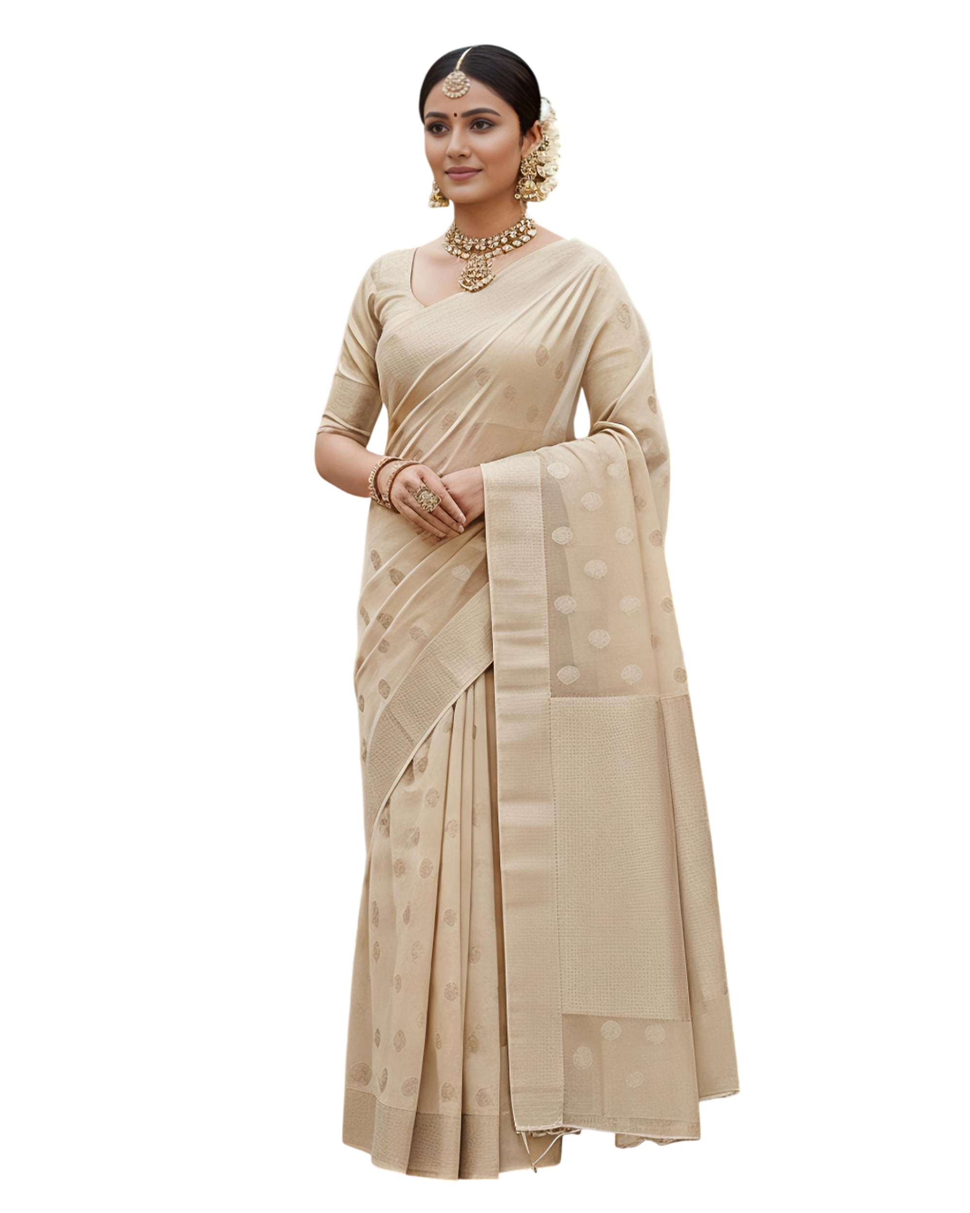 Elegant Beige Banarasi Chanderi Saree with Woven Polka Butta & Rich Border
