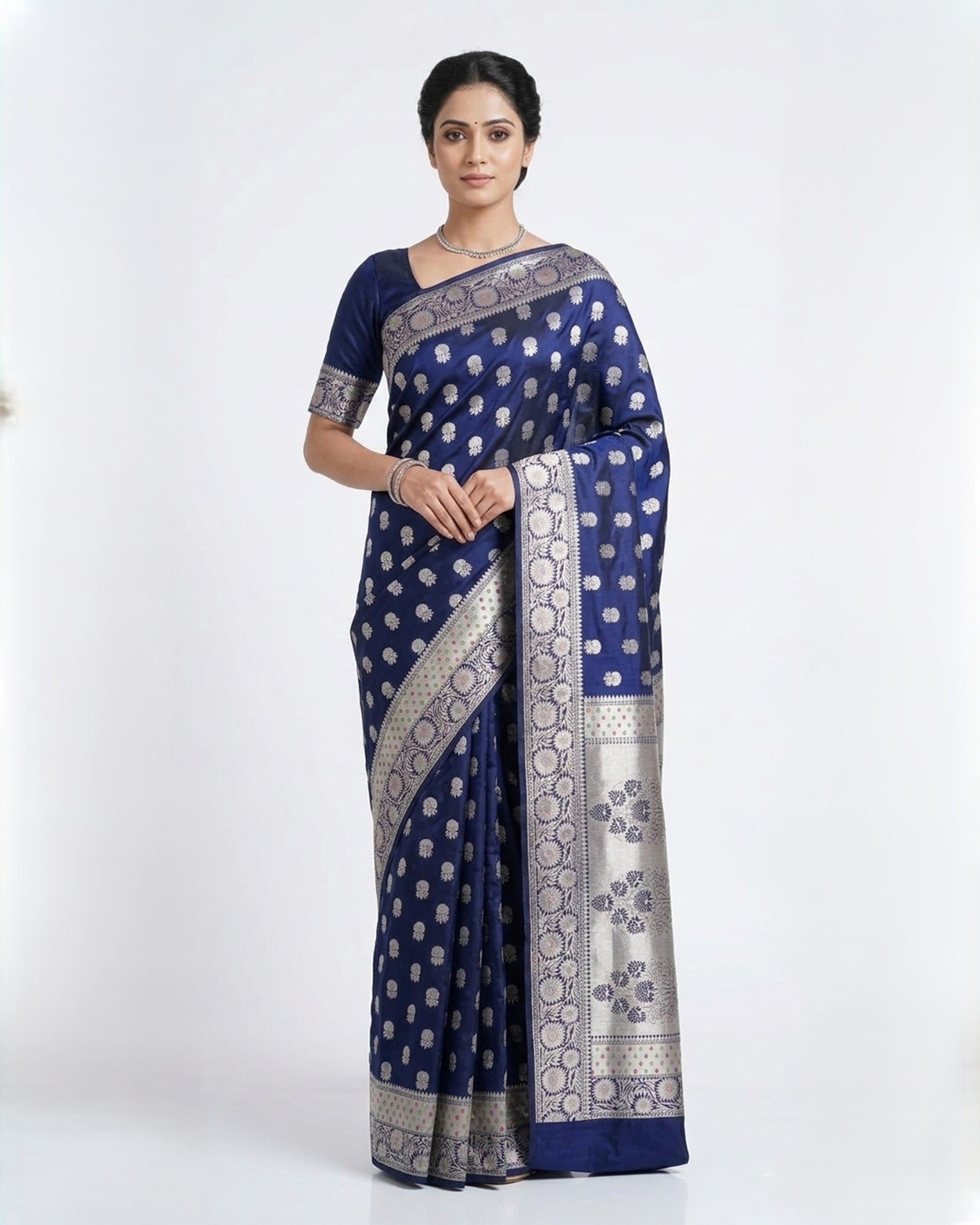 "Navy Blue & Silver-Toned Floral Woven Design Zari Silk Saree "