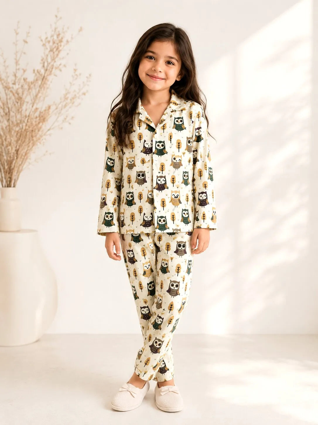 Girls Cream & Brown Owl Print Pure Cotton Night Suit