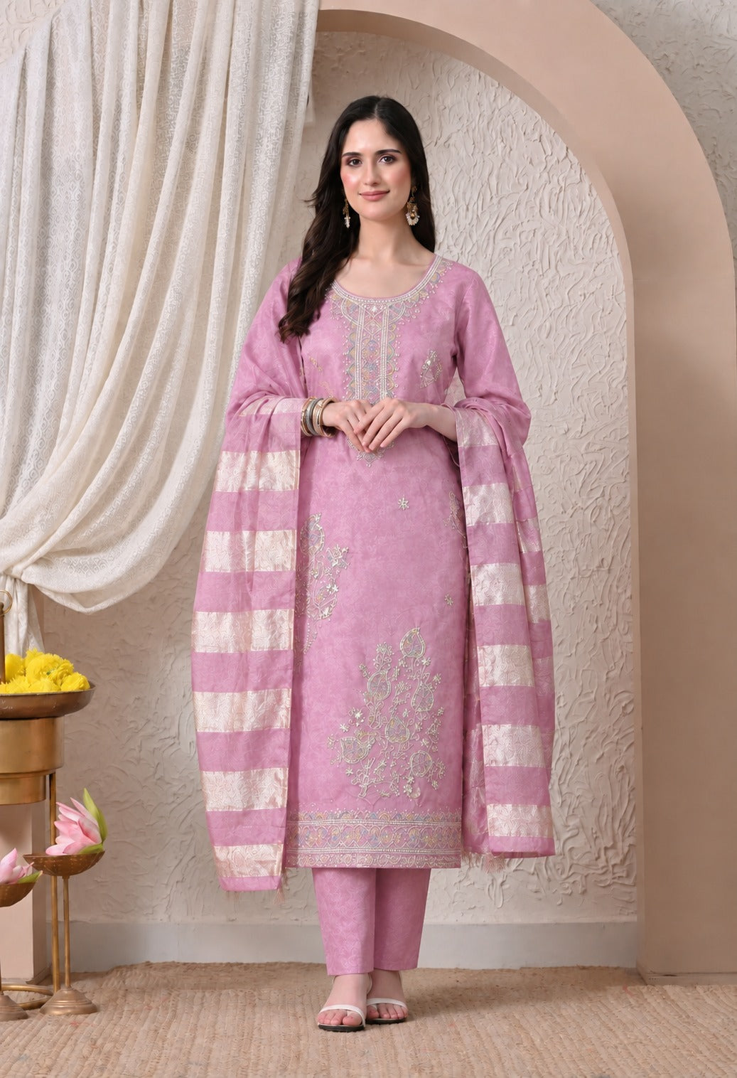Pink Chanderi Silk Embroidered Suit Set with Matching Chanderi Silk Dupatta for Women