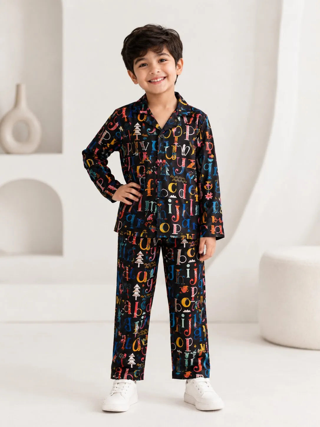 Boys Black Alphabet Print Nightsuit - Full Sleeves Shirt & Pyjamas Set