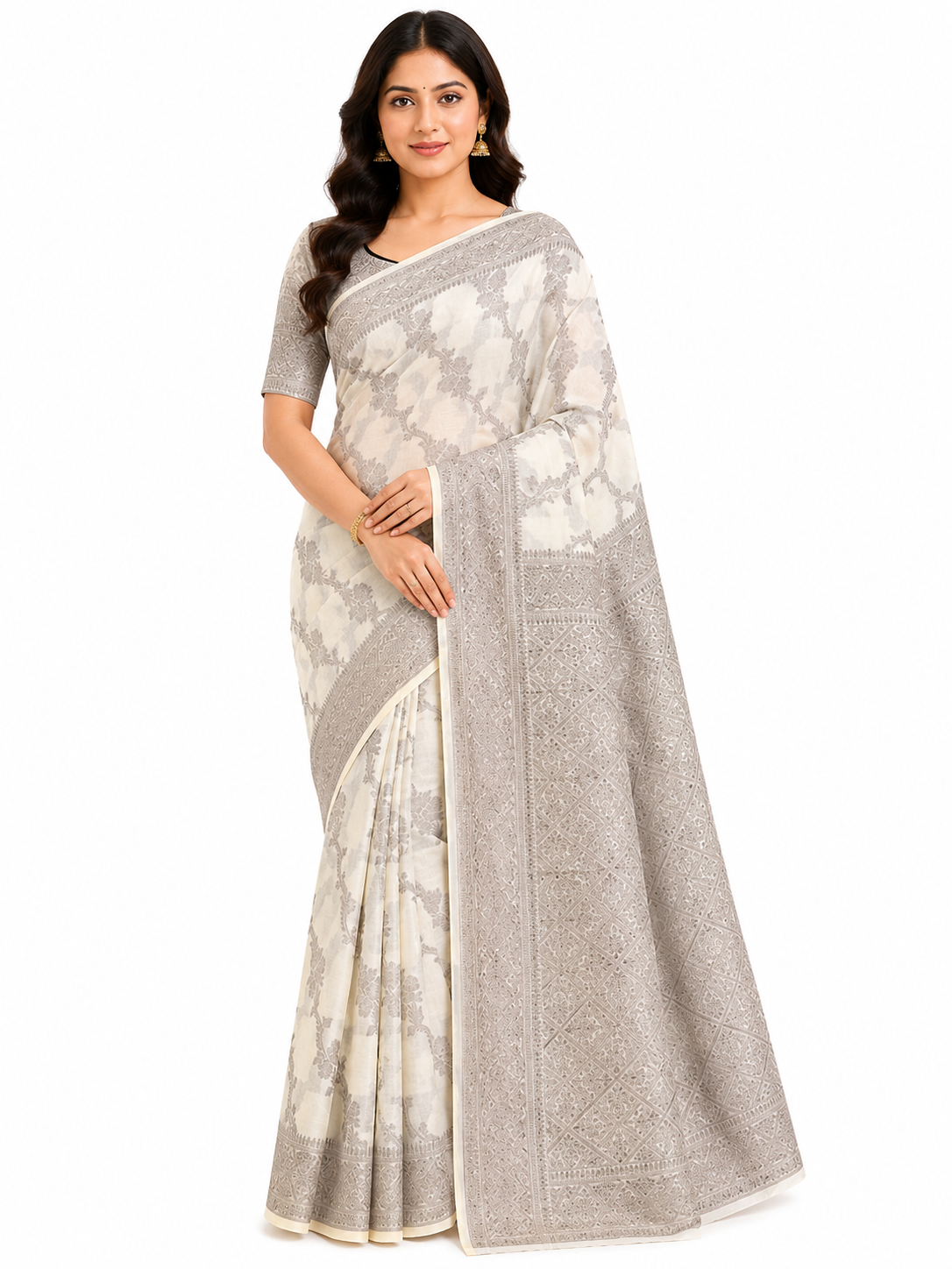 Women Cream & Champagne-Gold Ethnic Motifs Woven Design Art Silk Saree