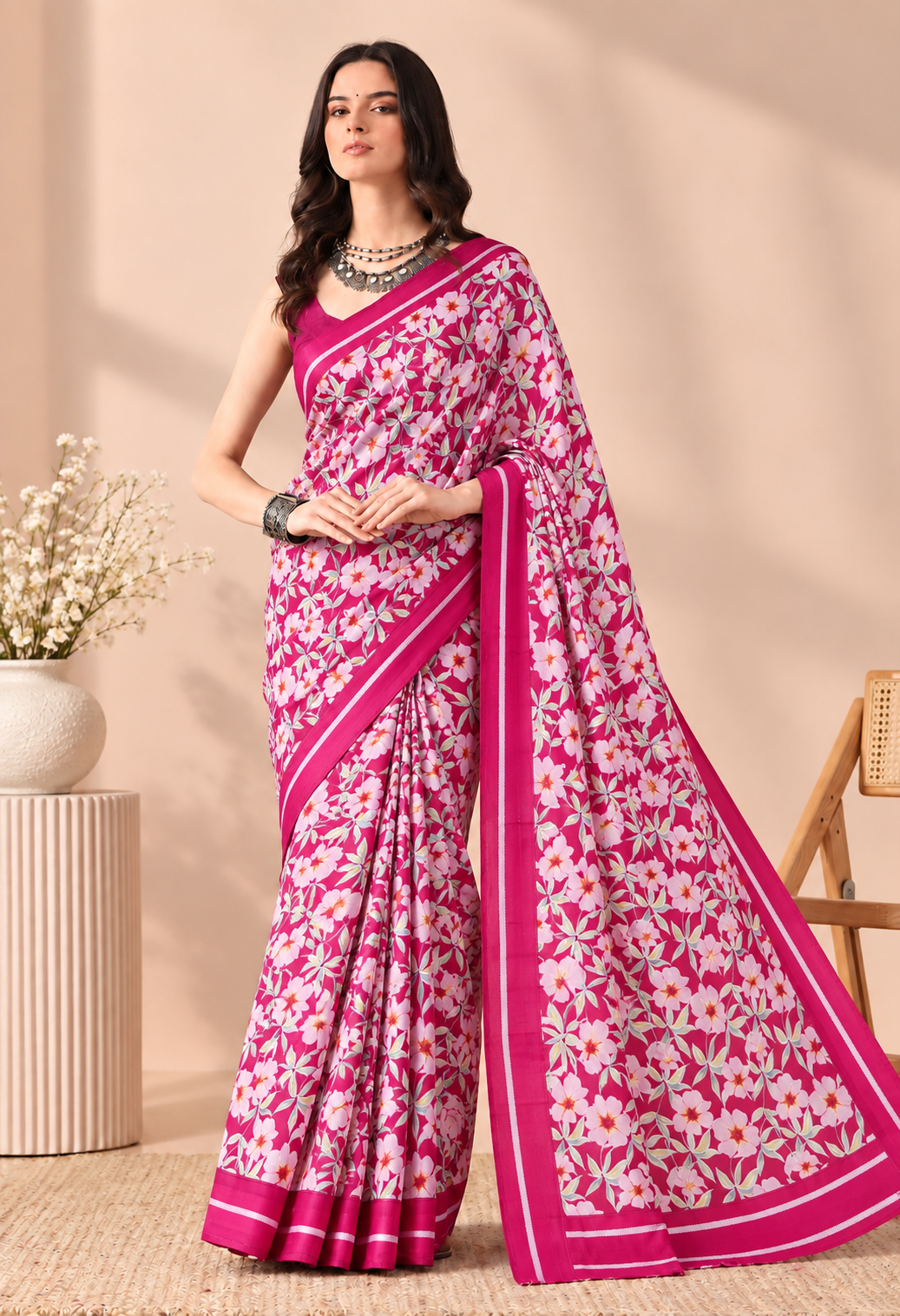 Elegant Pink Georgette Saree with Floral Print and Designer Border