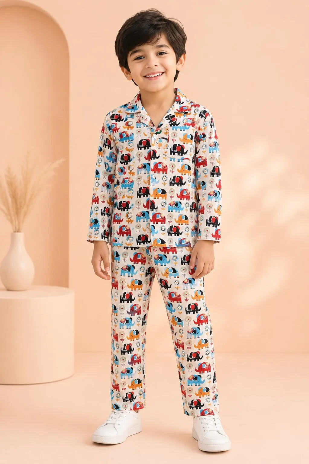 Kids' Elephant Print Cotton Night Suit