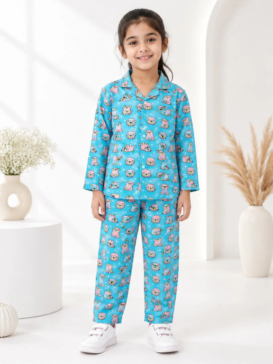 Girls  Pure Cotton Blue & Pink Puppy Print Night Suit